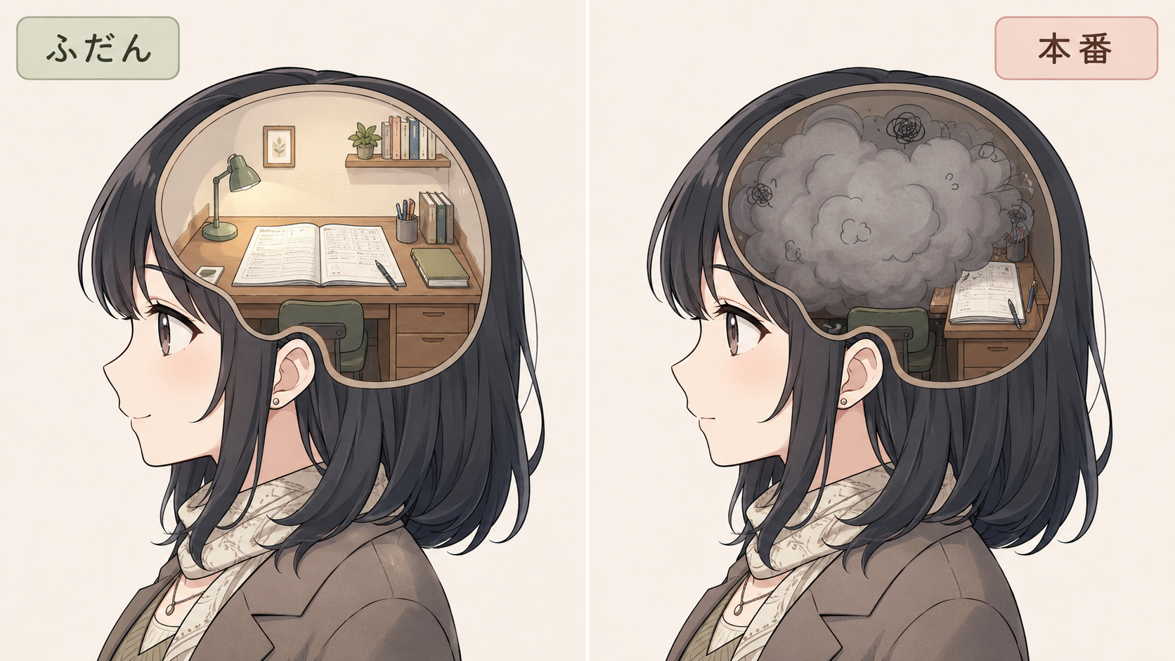 頭の中の作業机が、ふだんは広く、本番では不安で埋まっている対比