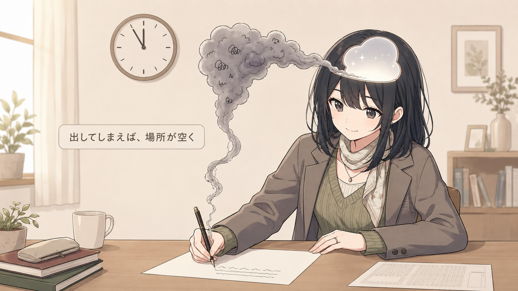 頭の中のもやもやが紙の上に移り、頭の中が広くなっている場面