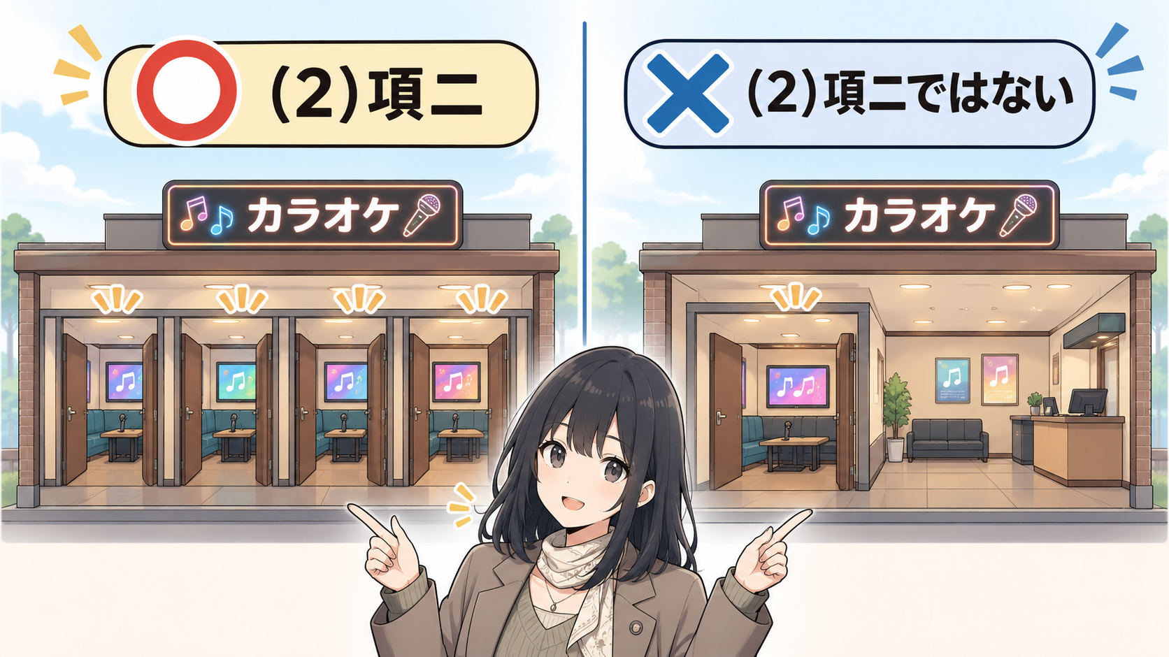 個室が4部屋あるカラオケ店は(2)項ニに該当し、個室が1室しかない店は(2)項ニではないという左右の対比