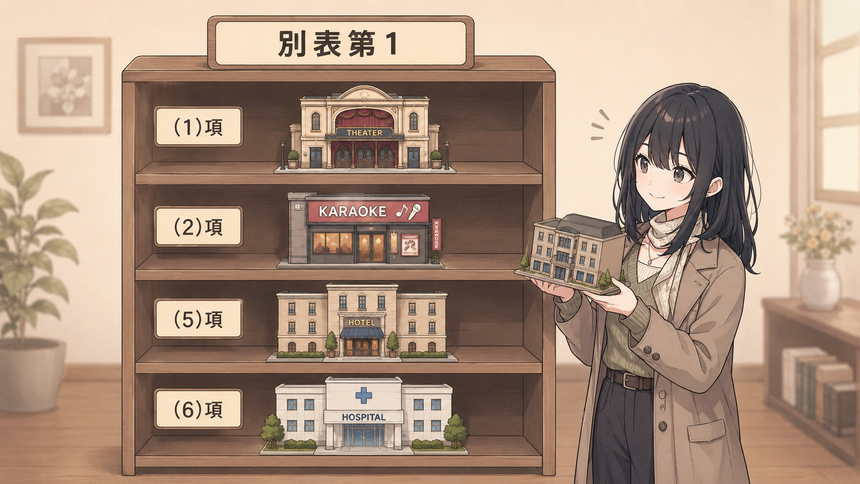 別表第1という棚に、劇場は(1)項、カラオケ店は(2)項、ホテルは(5)項、病院は(6)項と建物を仕分けていく図