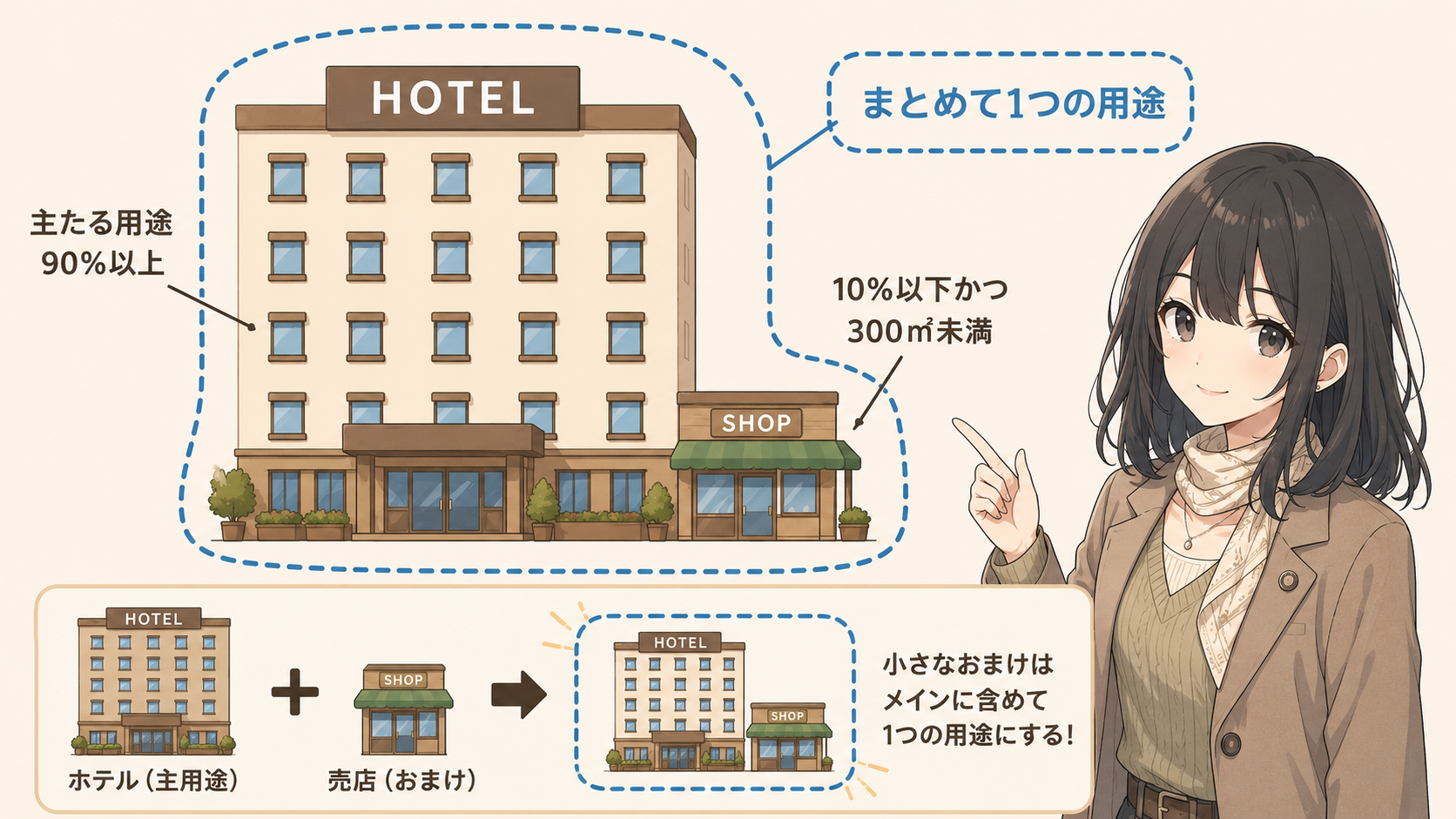 大きなホテルに小さな売店がくっついた建物を点線で囲み、まとめて1つの用途とみなす図