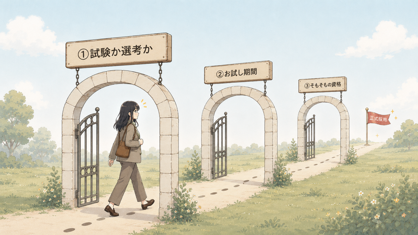 ①試験か選考か、②お試し期間、③そもそもの資格という3つのゲートを順にくぐると正式採用にたどりつく