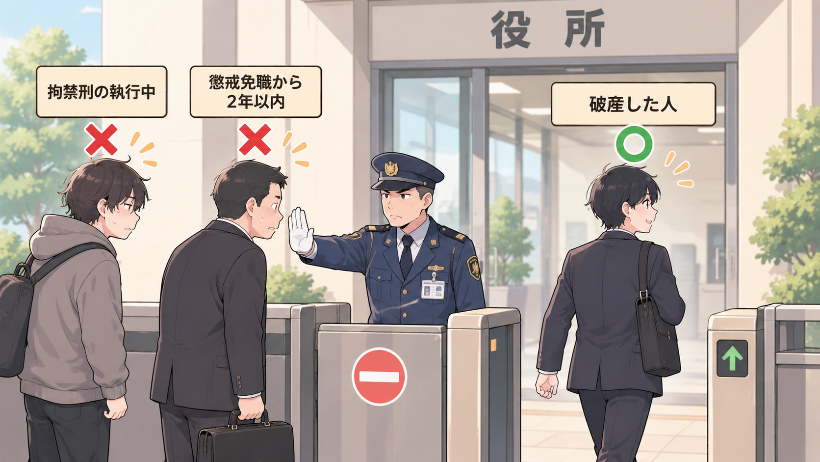 役所のゲートで、拘禁刑の執行中の人と懲戒免職から2年以内の人は止められ、破産した人は通れる