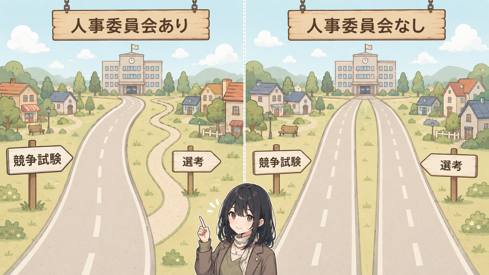 人事委員会ありの町は競争試験の太い道と選考の細い脇道、人事委員会なしの町は競争試験と選考の道が同じ太さで2本並ぶ