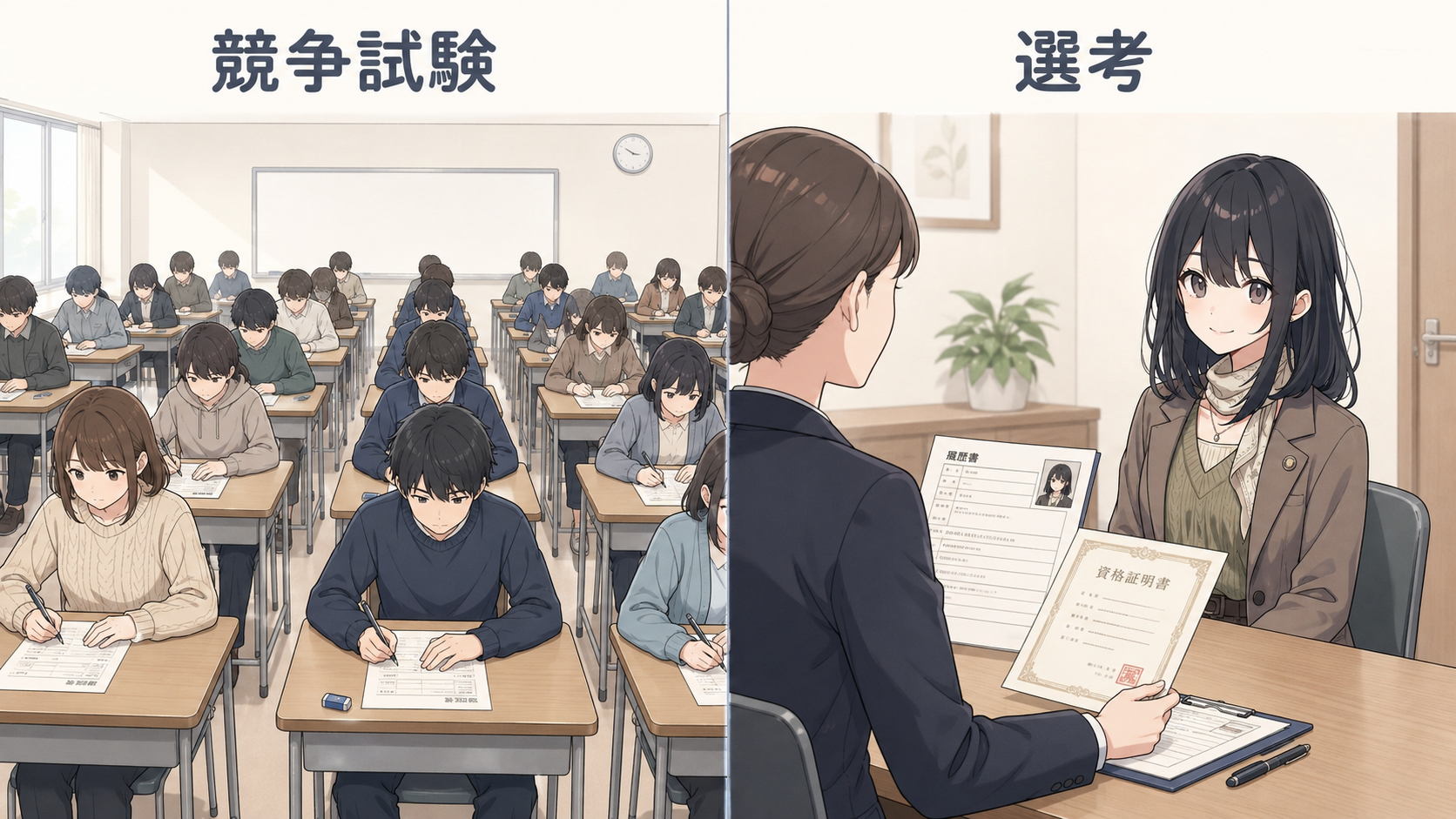 左は大勢が同じ机でペーパー試験を受ける競争試験、右は面接官が資格証や経歴書を見ながら向き合う選考