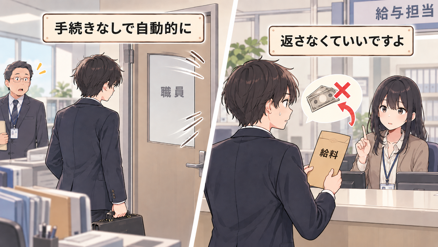 左は誰も手を触れていないのに職員室の扉が自動で閉まる場面、右は働いた分の給料は返さなくていいと窓口が断る場面
