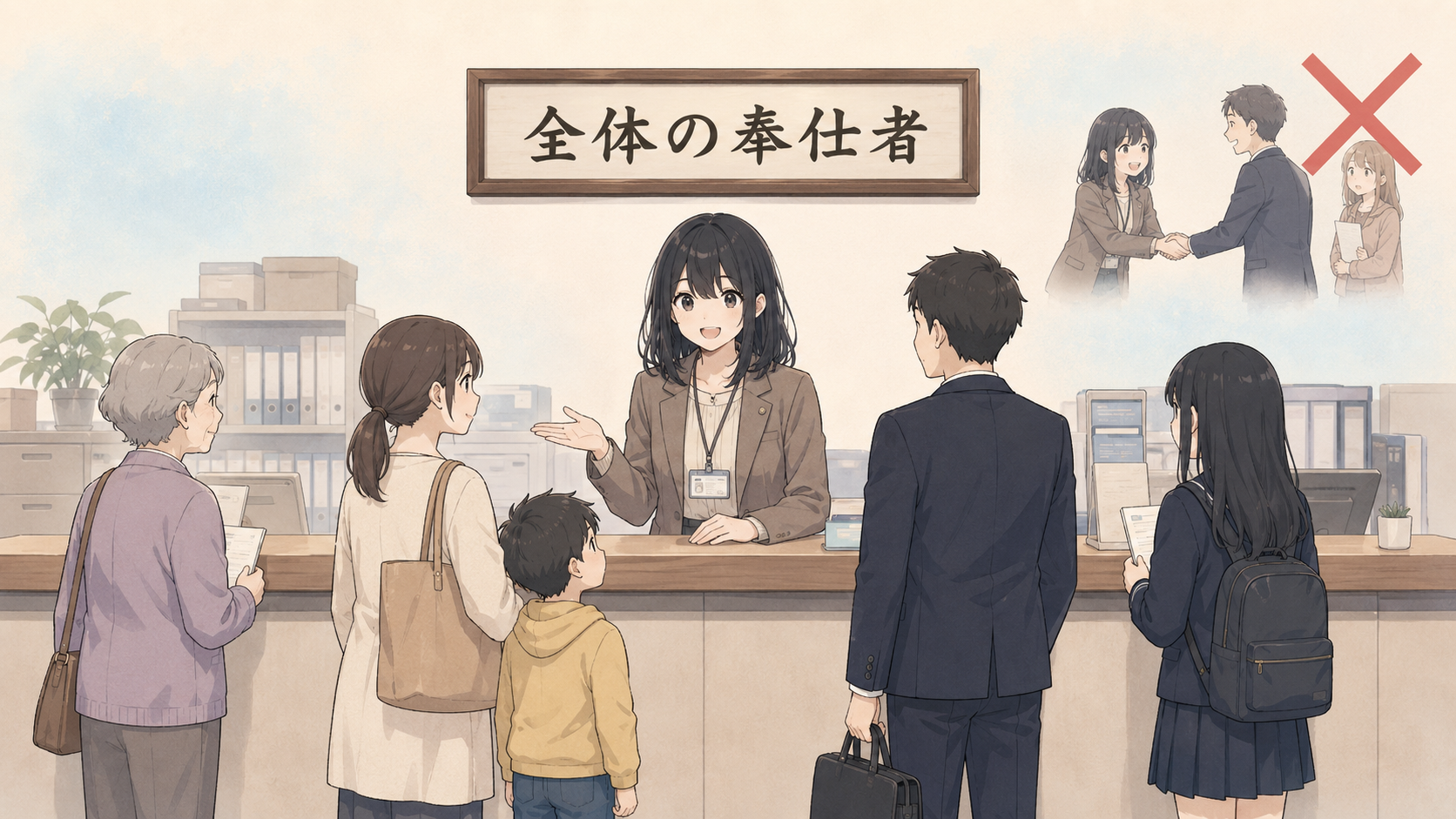 窓口で職員がお年寄り・親子・会社員・学生に分けへだてなく同じ笑顔で対応している。特定の1人だけに肩入れする姿にはバツ印