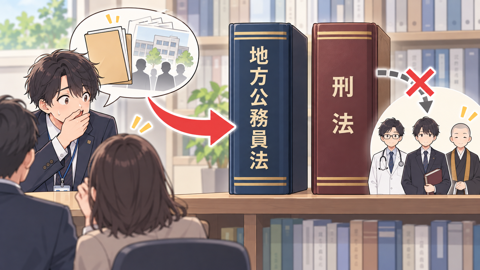 秘密を漏らした職員から伸びる矢印が地方公務員法の本に向かい、刑法の本には向かわない。刑法の側には医師・弁護士・僧侶が立っている