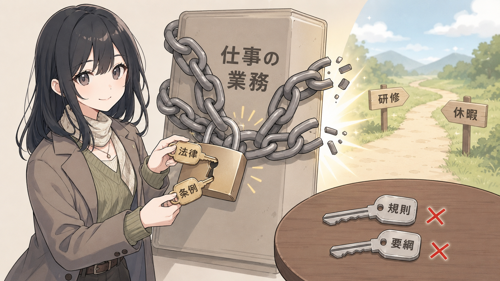 仕事につながれた鎖の錠前を開けられるのは法律と条例の2本の鍵だけ。規則と要綱の鍵は鍵穴に合わずバツ印。外れた先には研修と休暇の道標