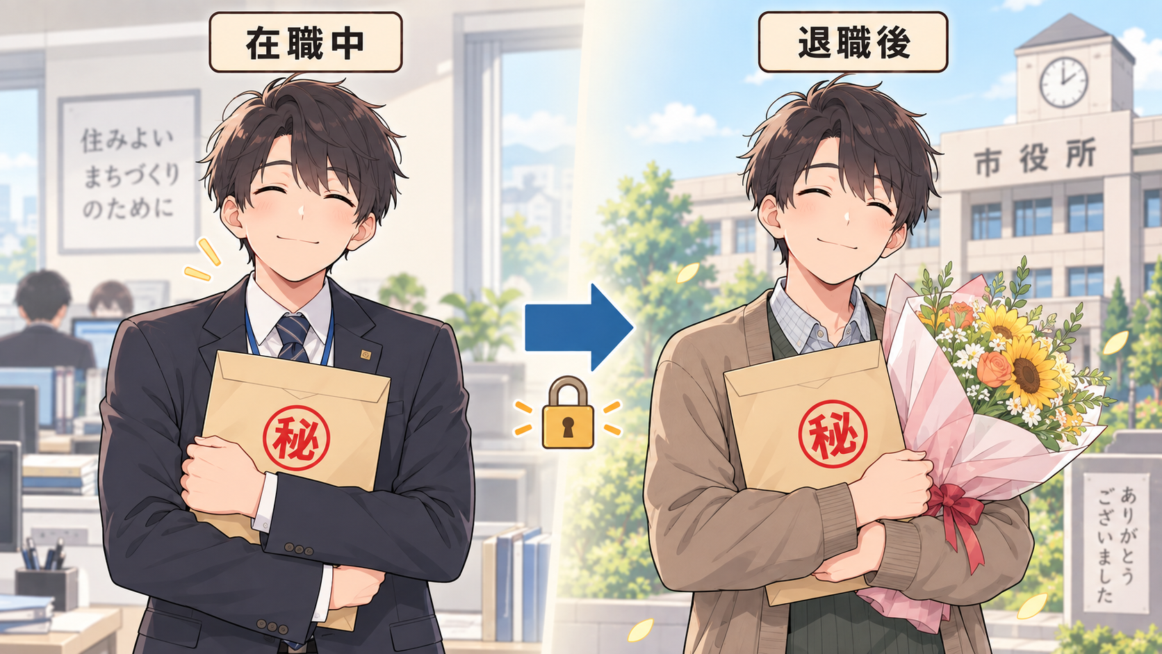 在職中はスーツ姿でマル秘の封筒を抱える職員、退職後は私服で花束を持ちながら同じ封筒をやはり閉じたまま抱えている