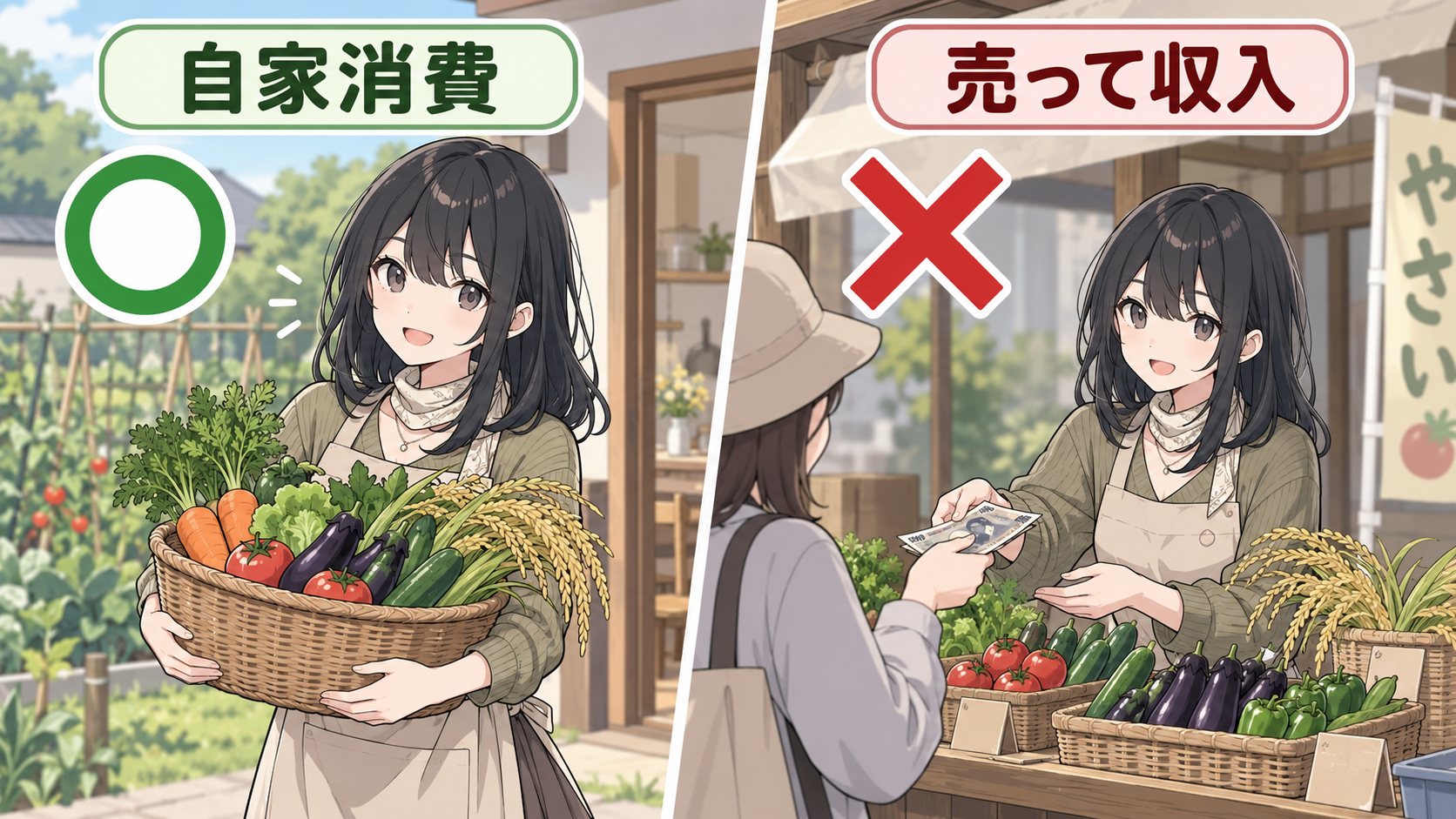 左は自家消費のために野菜と米を収穫して自宅へ運ぶ場面にマル印、右は同じ野菜を店先で売ってお金を受け取る場面にバツ印