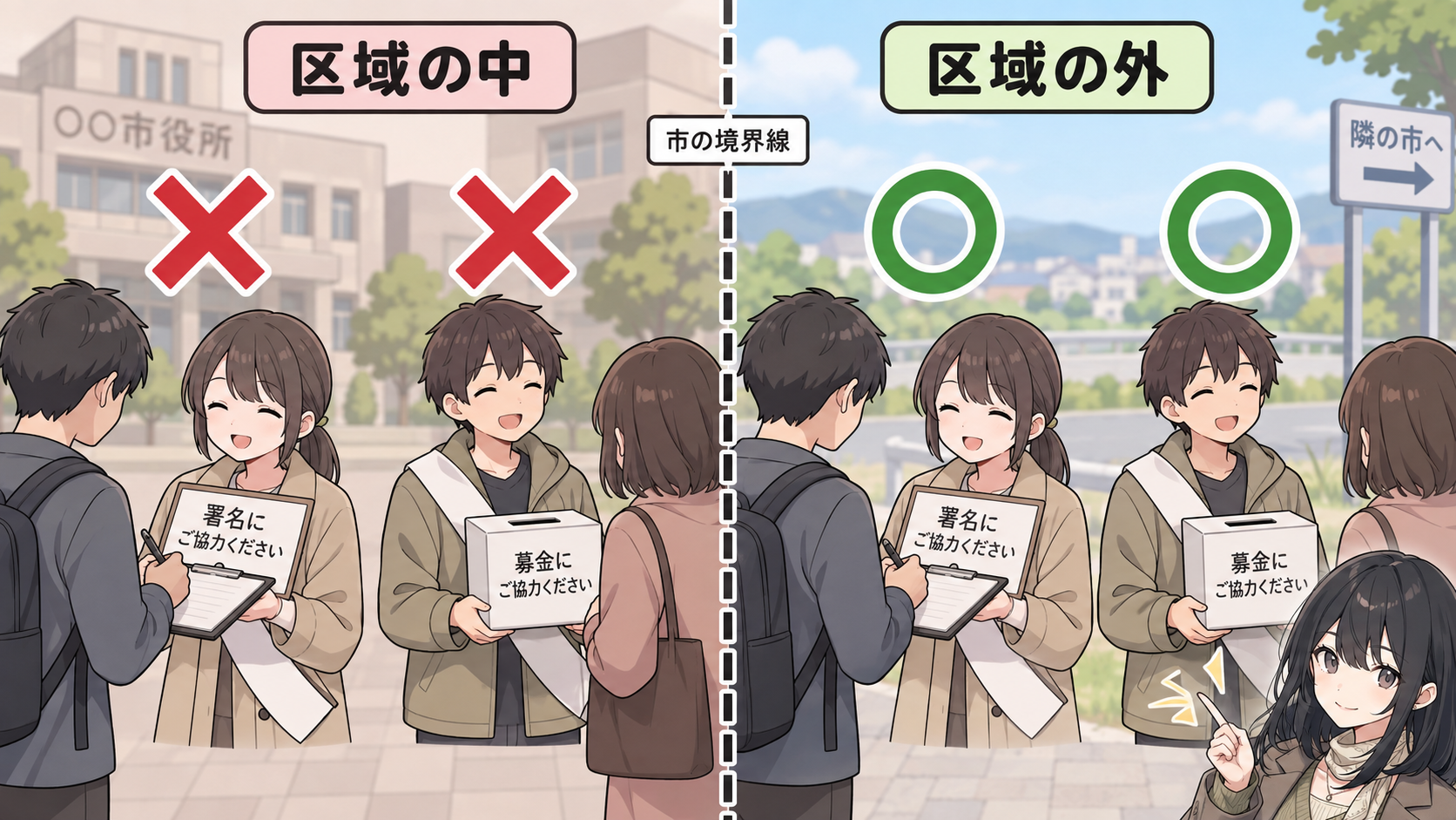市の境界線をはさんで、区域の中では署名集めと募金の呼びかけにバツ印、区域の外では同じ行為にマル印