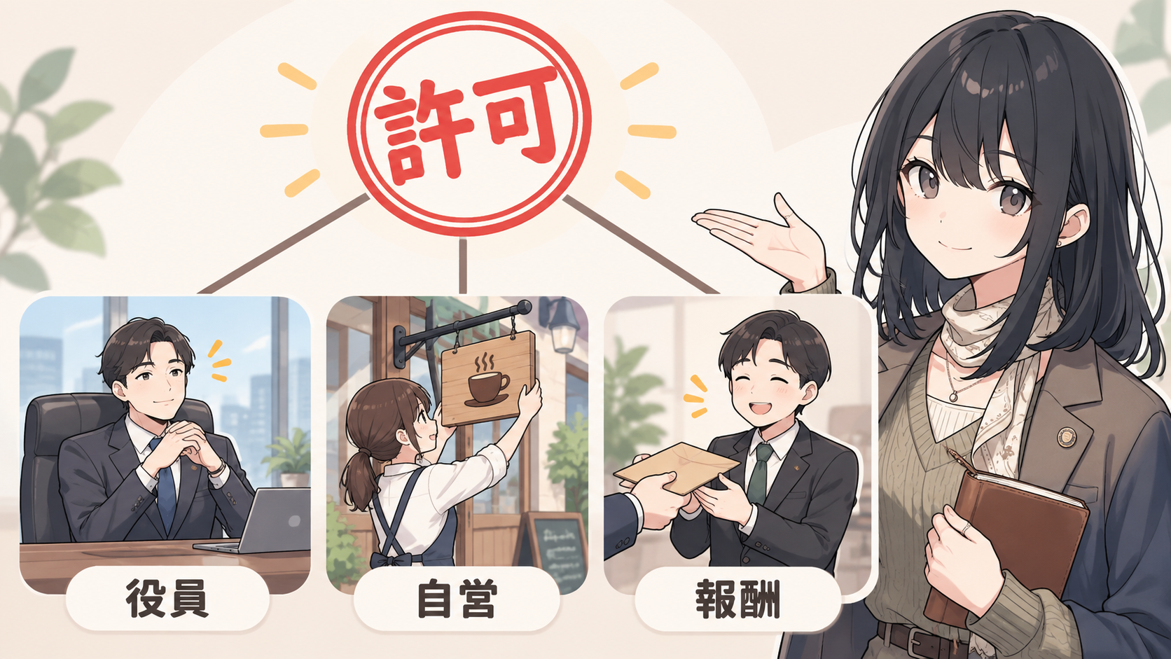 許可のハンコから3本の線がのび、役員席に座る人・自分の店の看板を掲げる人・報酬の封筒を受け取る人の3場面につながる
