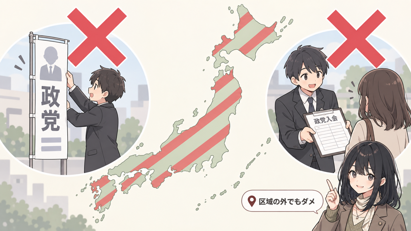 日本地図全体に赤い斜線。政党の看板を立ち上げる場面と入党を勧誘する場面にそれぞれ大きなバツ印。区域の外でもダメの札