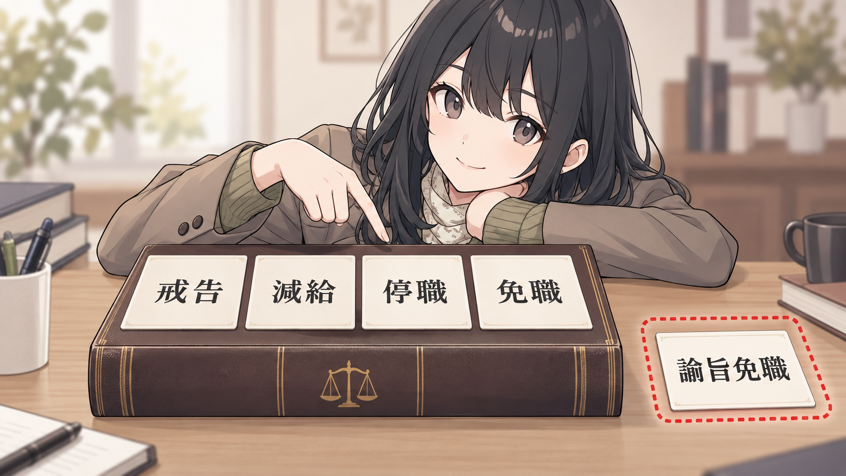 法律書の上に戒告・減給・停職・免職の4枚のカードが並び、書物の外の机上に諭旨免職のカードが赤い点線で囲まれて置かれている