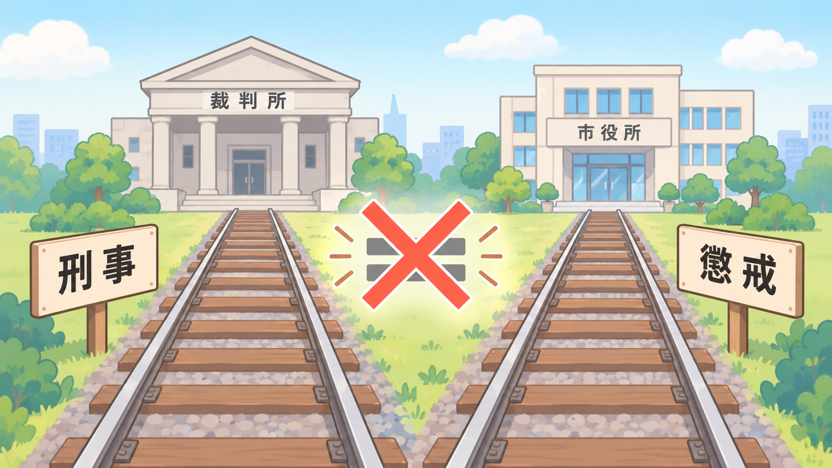 裁判所へ向かう刑事の線路と市役所へ向かう懲戒の線路が交わらずに並んで走り、あいだのイコール記号に大きなバツ印