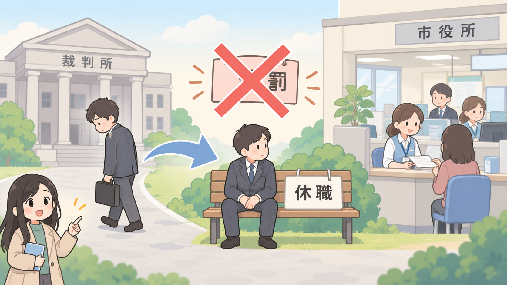 裁判所から出た職員が休職の札のかかったベンチに座り、役所では窓口業務が続いている。あいだの罰の札には大きなバツ印