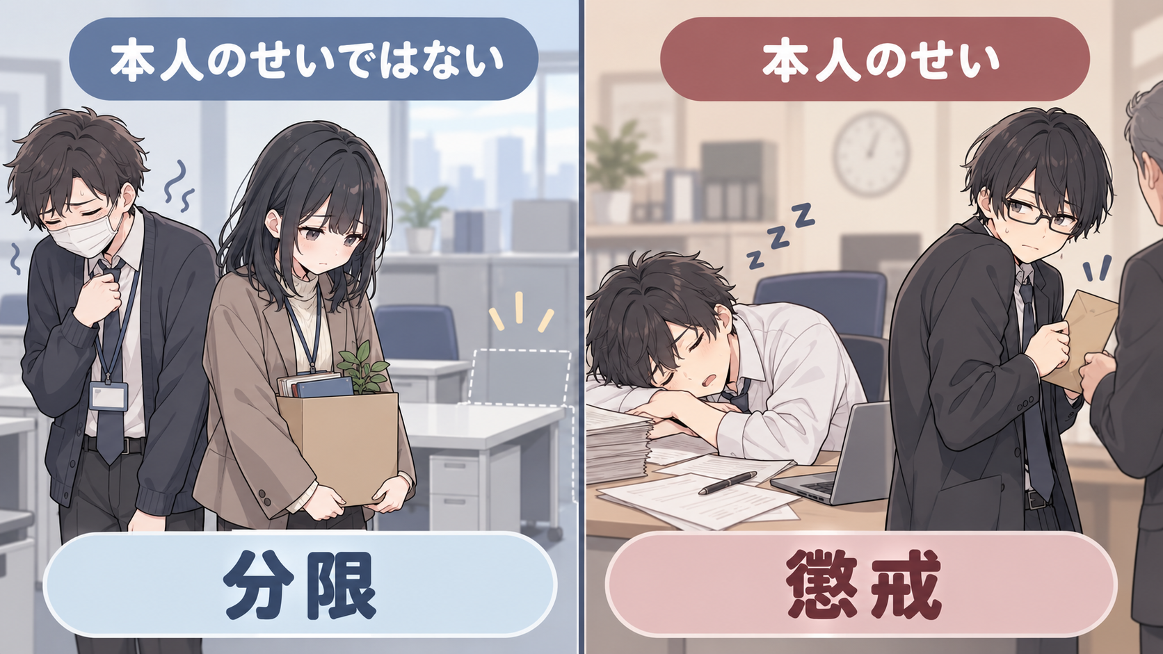 左は体調をくずした職員と席がなくなった職員で本人のせいではない＝分限、右は居眠りする職員と金銭を受け取る職員で本人のせい＝懲戒