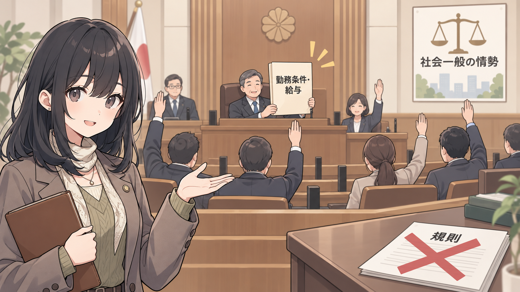 議場で勤務条件・給与の議案が可決され、外の机の規則の書類には赤いバツ印。壁には社会一般の情勢と天秤の掲示