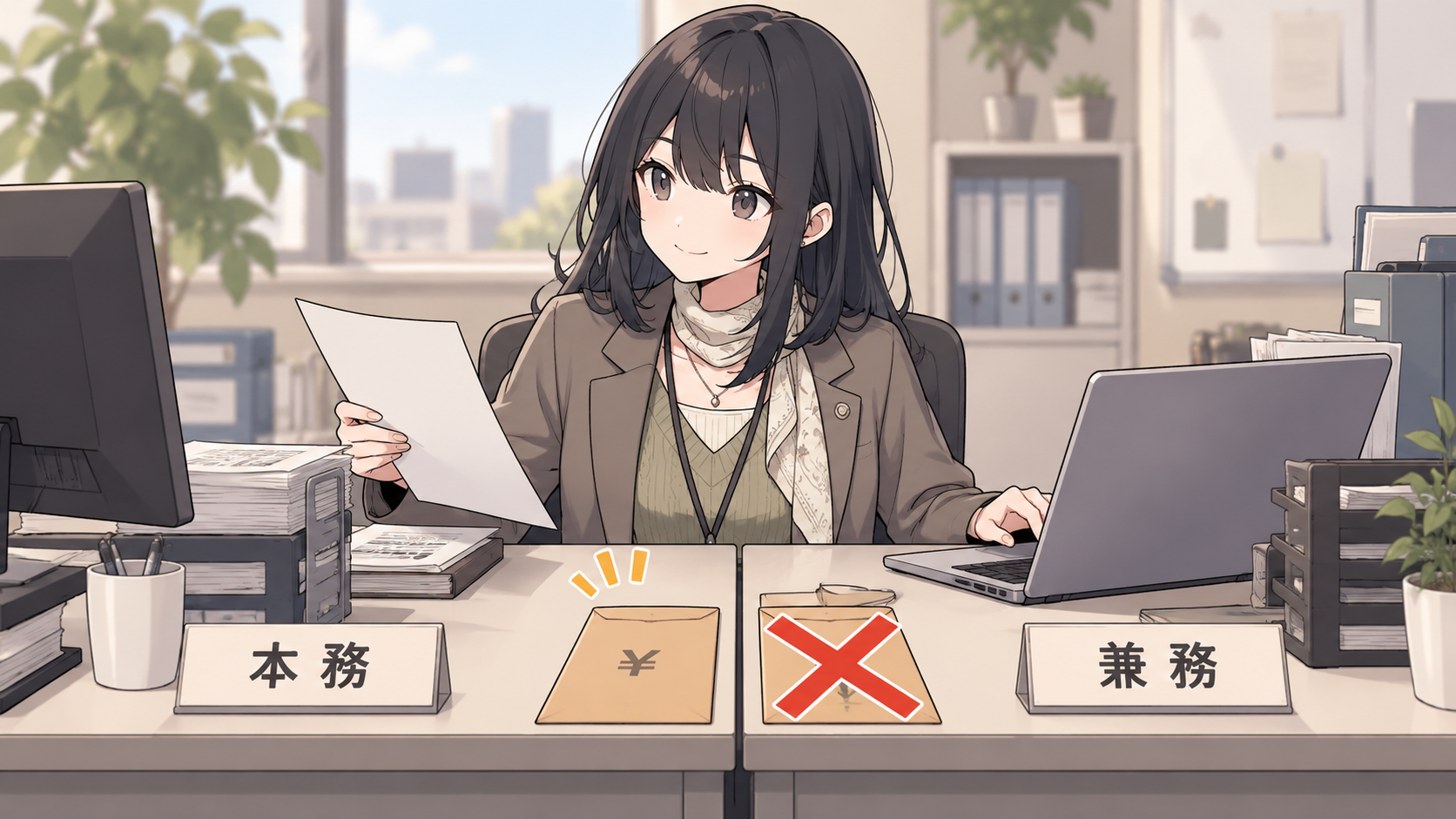 本務と兼務の名札を並べた机で働く職員の手元には給料袋が1つだけあり、2つ目の給料袋には赤いバツ印