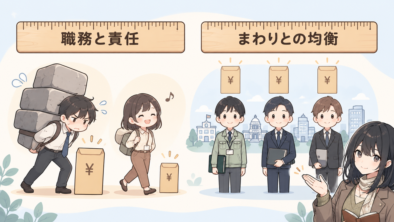 左のものさしは職務と責任で、重い荷物の人に大きな給料袋。右のものさしはまわりとの均衡で、自治体職員・国家公務員・民間従事者に同じ大きさの給料袋