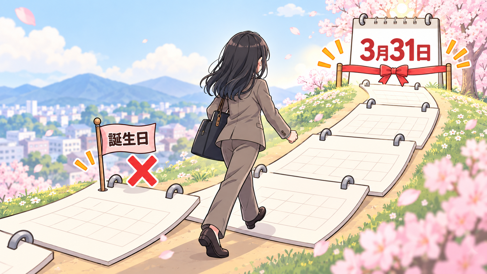 カレンダーのページが道のように続き、途中の誕生日の旗にはバツ印。道の終点である3月31日にゴールテープと桜