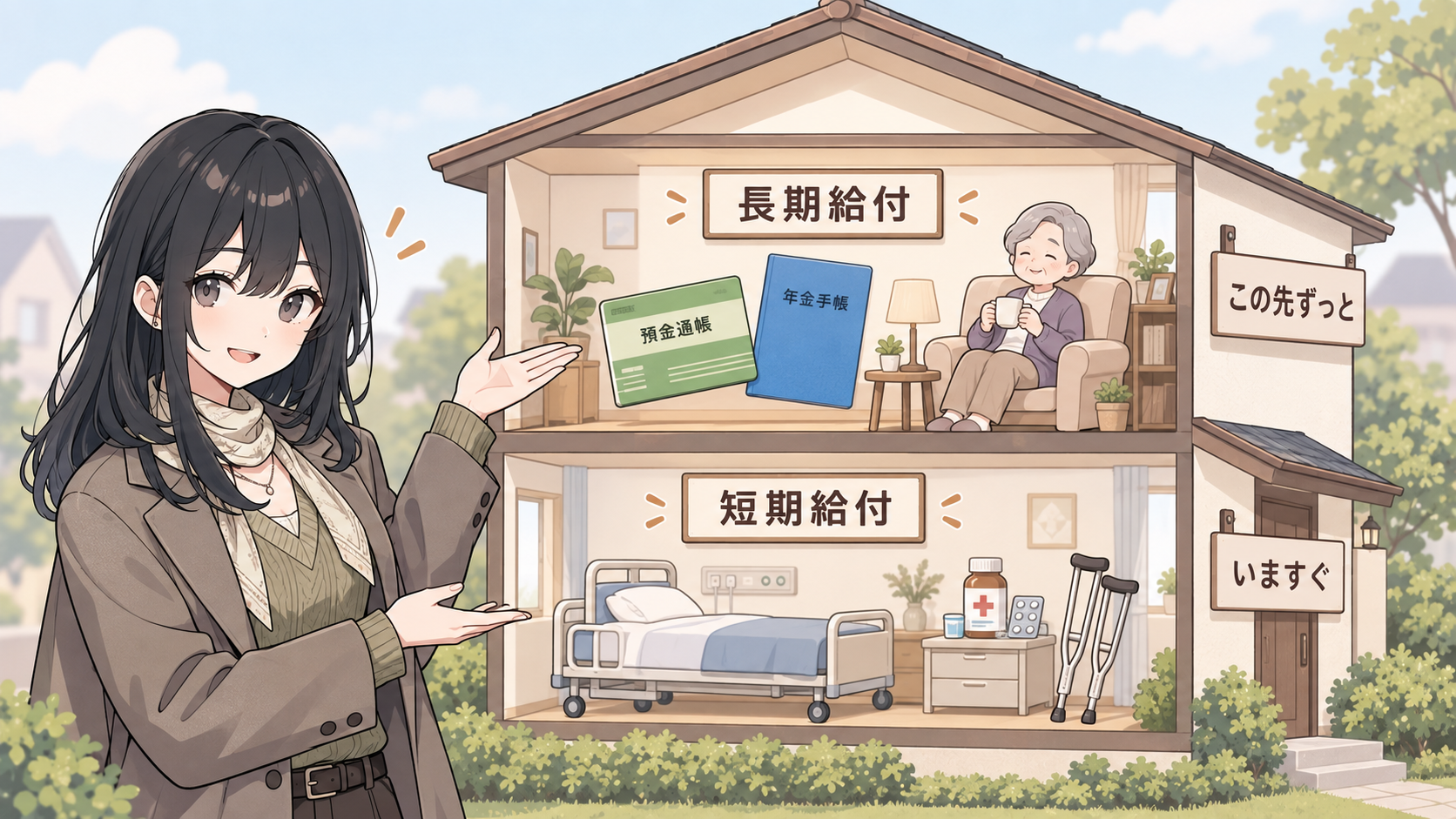 2階建ての家の断面図。1階は短期給付でベッドや薬など「いますぐ」、2階は長期給付で年金手帳や通帳など「この先ずっと」