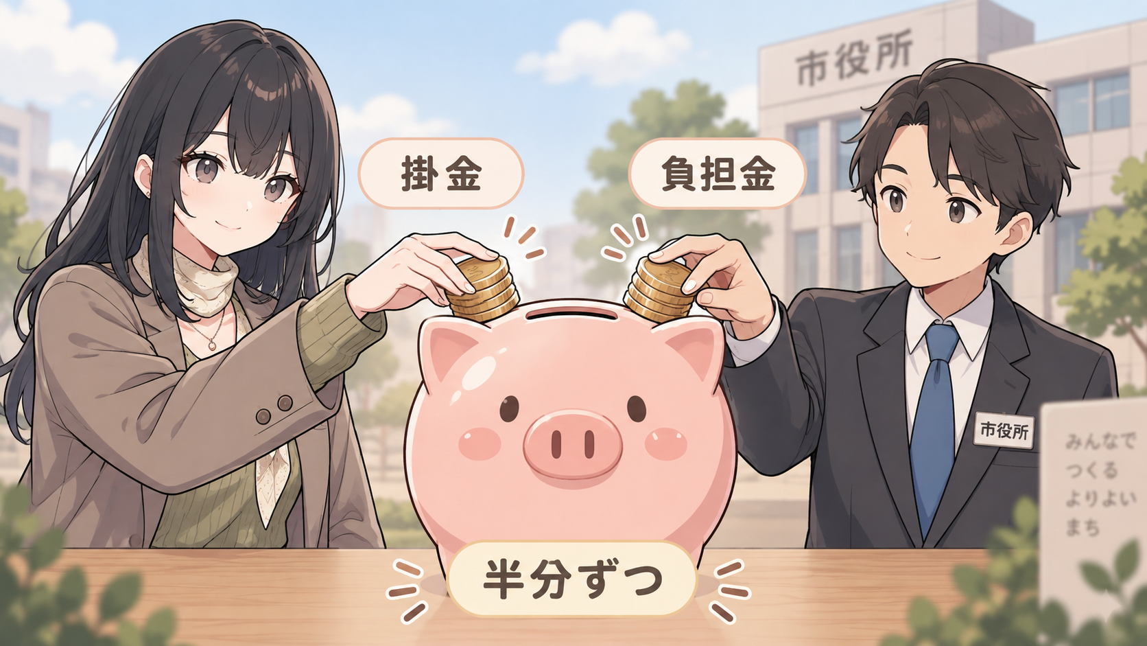 貯金箱の左右から職員が掛金、市役所の担当者が負担金として同じ大きさのコインの束を入れている。下に半分ずつの札