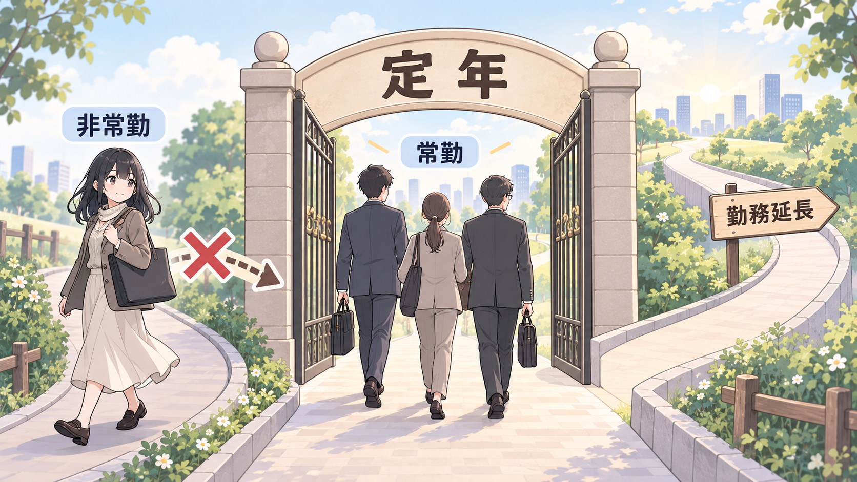 定年のゲートをくぐる常勤職員、ゲートを通らず脇道を歩く非常勤職員にはバツ印の矢印、脇には勤務延長の道標