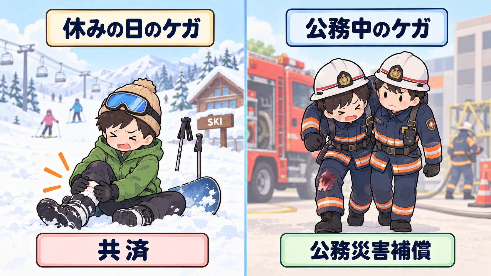 左は休みの日にスキーでケガをした場面で担当は共済、右は消防活動中に負傷した場面で担当は公務災害補償