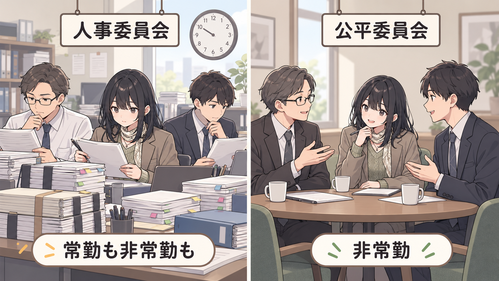 左は人事委員会の3人が書類と試験問題に囲まれて毎日働く場面で常勤も非常勤も、右は公平委員会の3人が必要なときに集まって話し合う場面で非常勤