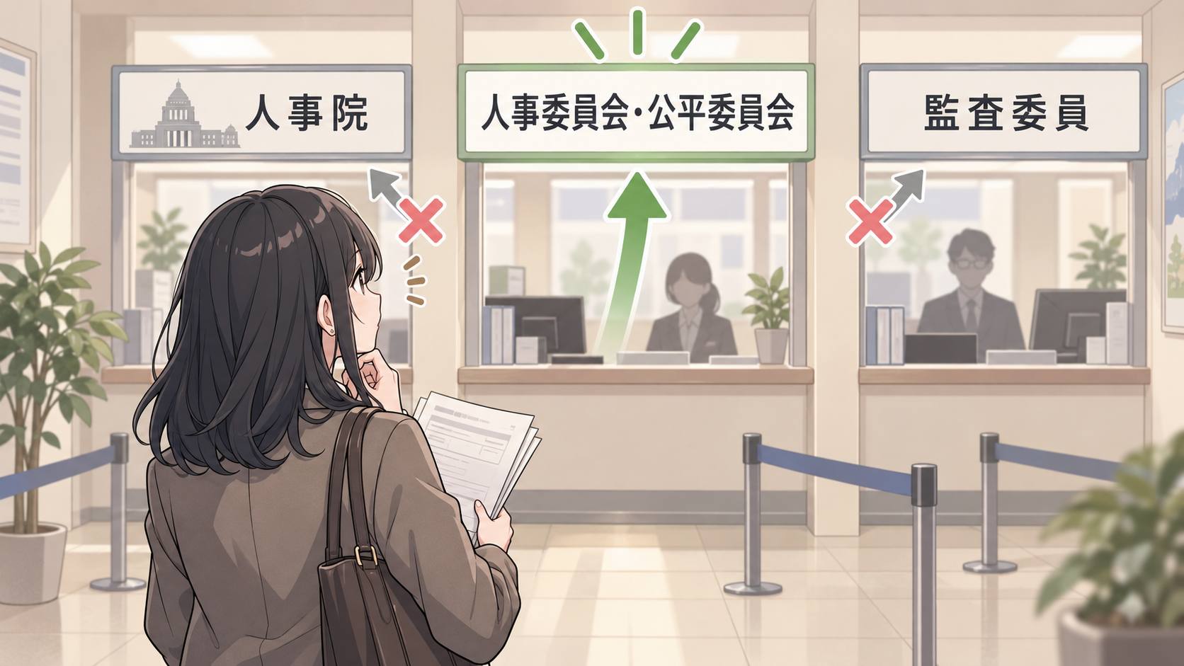 3つの窓口のうち中央の人事委員会・公平委員会に緑の矢印、左の人事院と右の監査委員への矢印には赤いバツ印