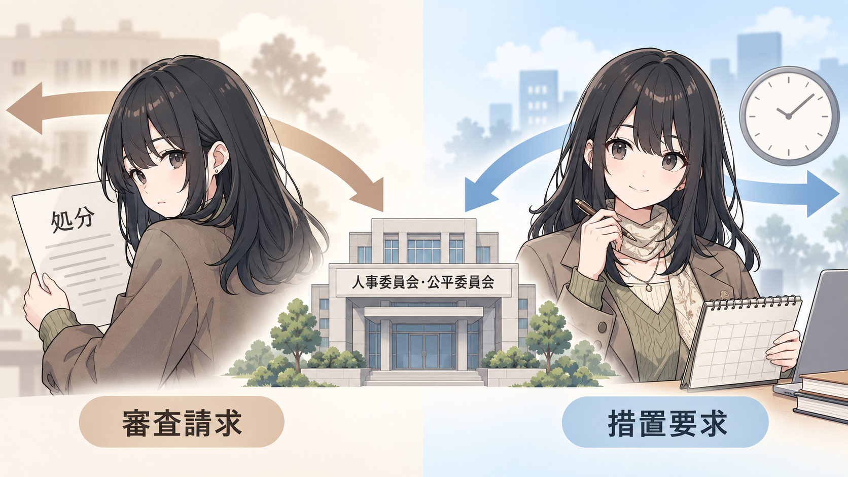 左は処分の通知書を手に過去を振り返る職員で審査請求、右はカレンダーと時計を見て未来を向く職員で措置要求。中央に人事委員会・公平委員会の建物