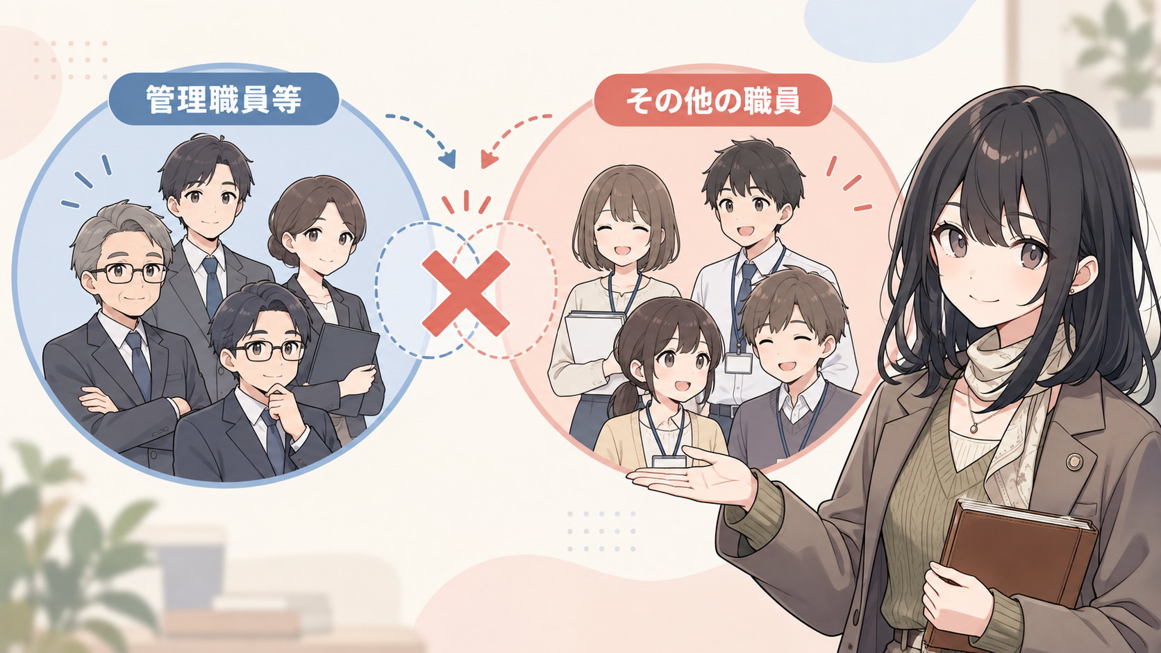 管理職員等の円とその他の職員の円が離れて並び、2つを重ねようとする点線に大きなバツ印