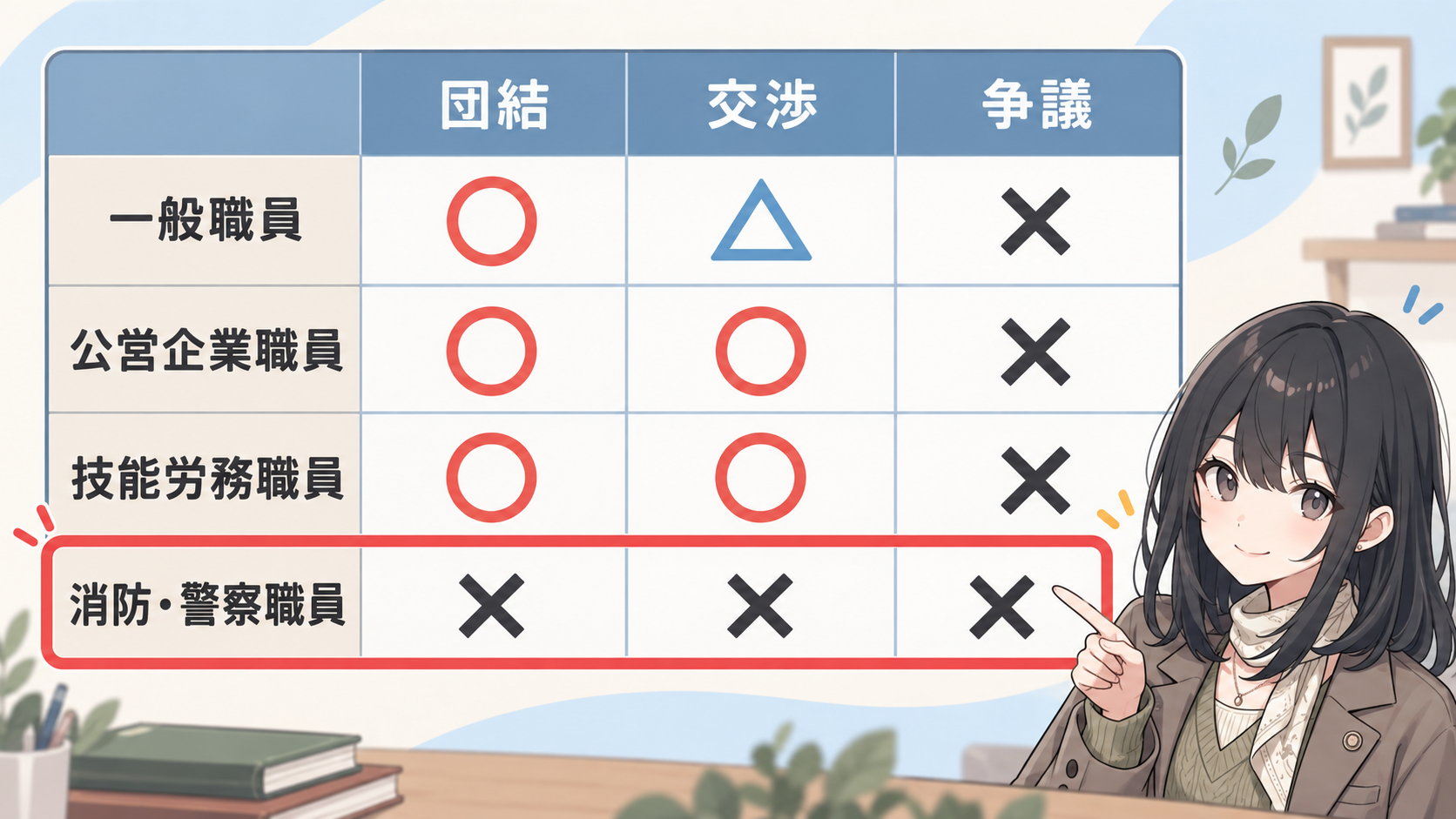 団結・交渉・争議の表。一般職員は○△×、公営企業職員は○○×、技能労務職員は○○×、消防・警察職員は×××で赤枠