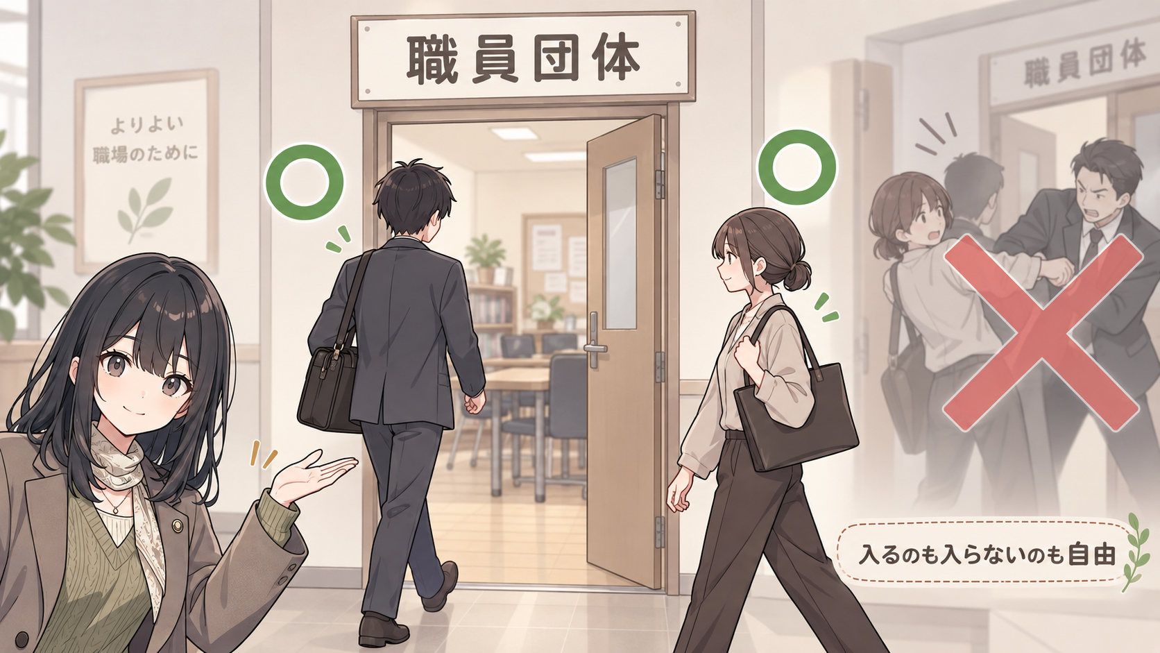 職員団体の部屋に入る職員と、入らずに通り過ぎる職員の両方にマル印。無理やり引き入れようとする様子にはバツ印