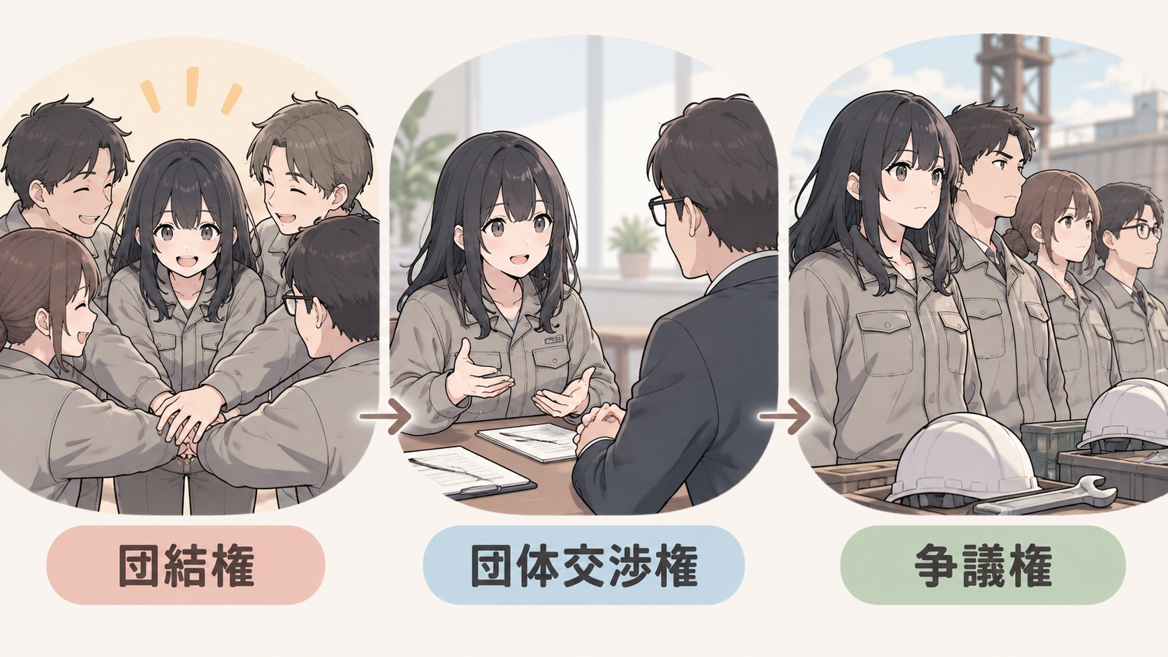 団結権は輪になって手を重ねる場面、団体交渉権は代表者と担当者が向かい合って話し合う場面、争議権は道具を置いて並んで立つ場面