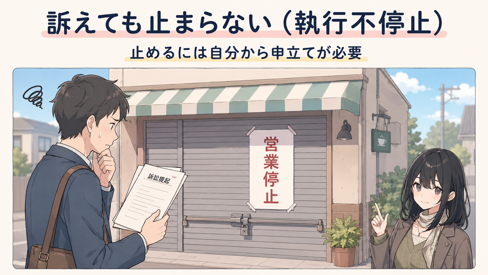 訴えても止まらない（執行不停止）。営業停止の札が出たお店の前で、裁判に訴えても停止のまま。止めるには自分から申立てが必要