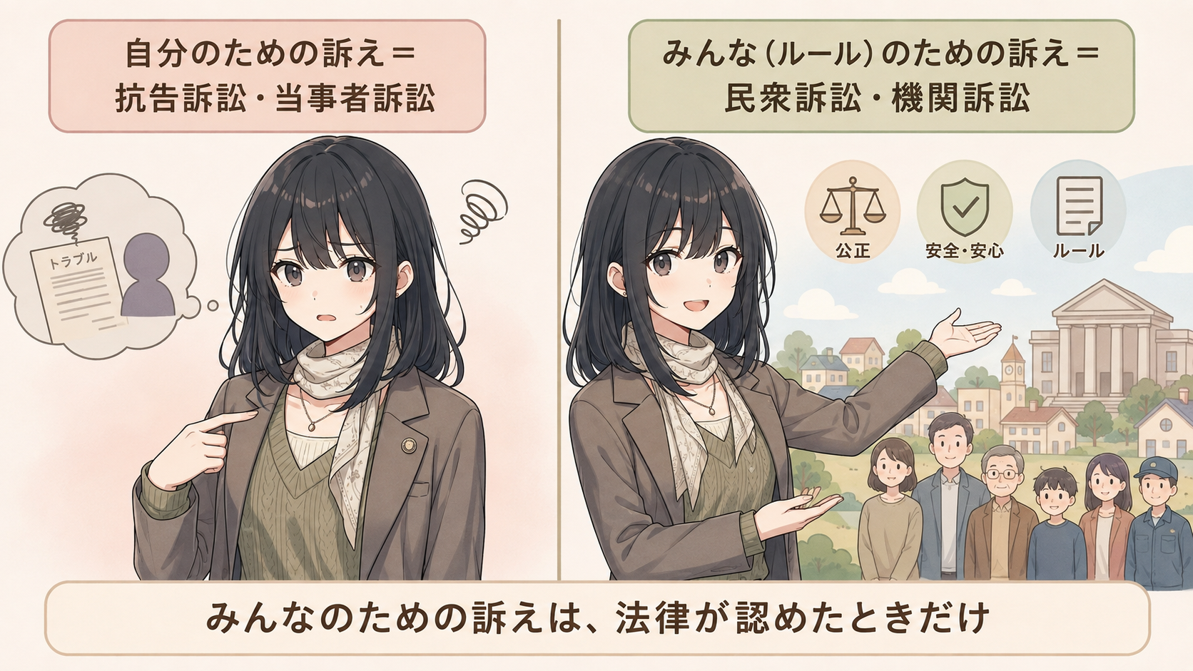 自分のための訴え＝抗告訴訟・当事者訴訟。みんな（ルール）のための訴え＝民衆訴訟・機関訴訟。みんなのための訴えは法律が認めたときだけ