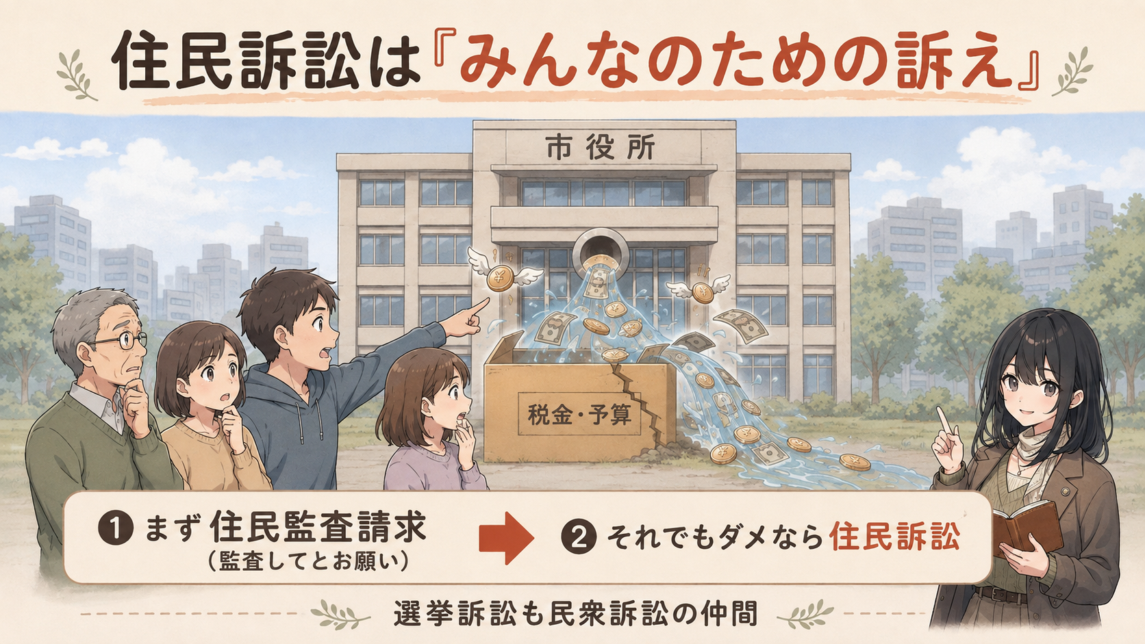 住民訴訟は「みんなのための訴え」。市役所のムダづかいを住民が指摘。①まず住民監査請求（監査してとお願い）→②それでもダメなら住民訴訟。選挙訴訟も民衆訴訟の仲間