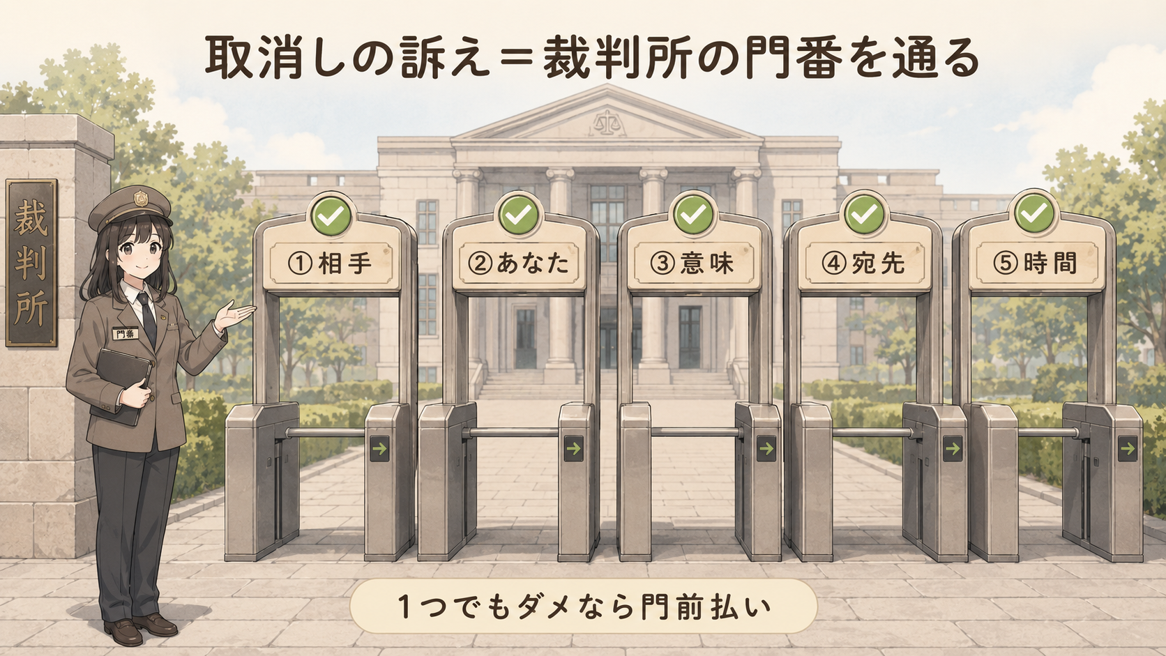 取消しの訴え＝裁判所の門番を通る。5つのゲート「①相手」「②あなた」「③意味」「④宛先」「⑤時間」。1つでもダメなら門前払い