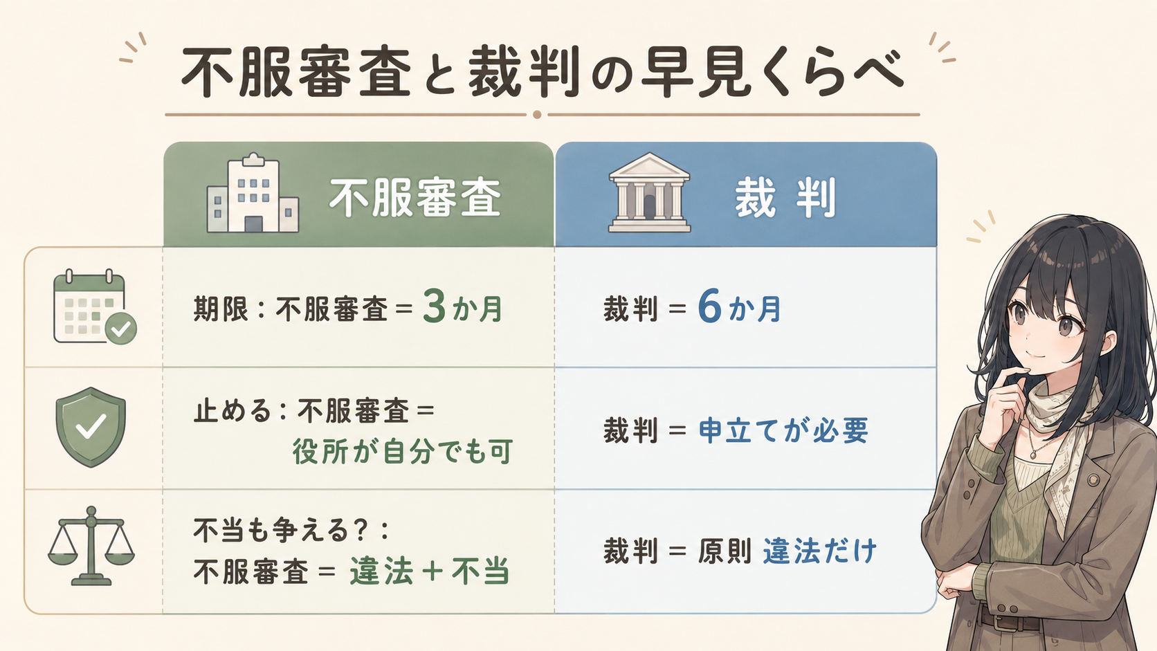 不服審査と裁判の早見くらべ。期限：不服審査＝3か月／裁判＝6か月。止める：不服審査＝役所が自分でも可／裁判＝申立てが必要。不当も争える？：不服審査＝違法＋不当／裁判＝原則 違法だけ