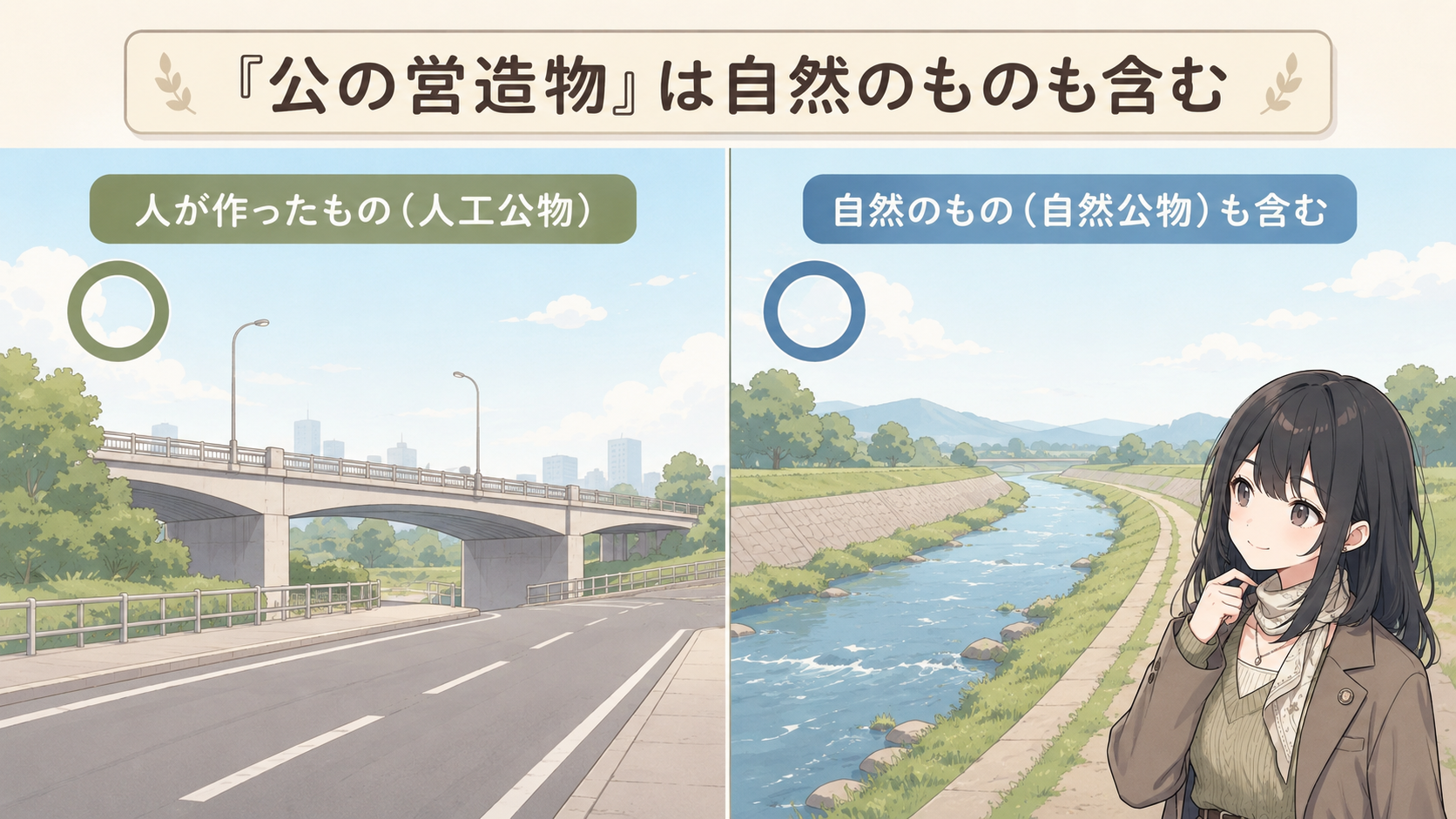 「公の営造物」は自然のものも含む。人が作ったもの（人工公物）の道路や橋も○、自然のもの（自然公物）の河川も○