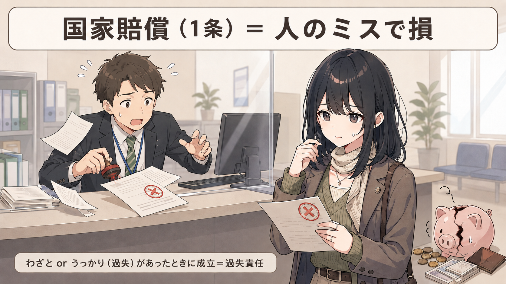 国家賠償（1条）＝人のミスで損。役所の職員が誤った処理をして市民が損害を受ける。わざと or うっかり（過失）があったときに成立＝過失責任
