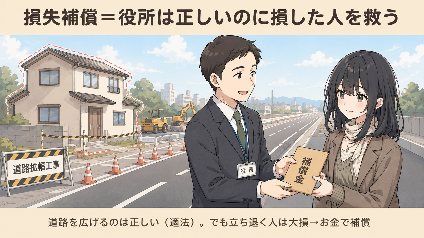 損失補償＝役所は正しいのに損した人を救う。道路拡幅工事のため立ち退く住民に役所が補償金を渡す。道路を広げるのは正しい（適法）。でも立ち退く人は大損→お金で補償