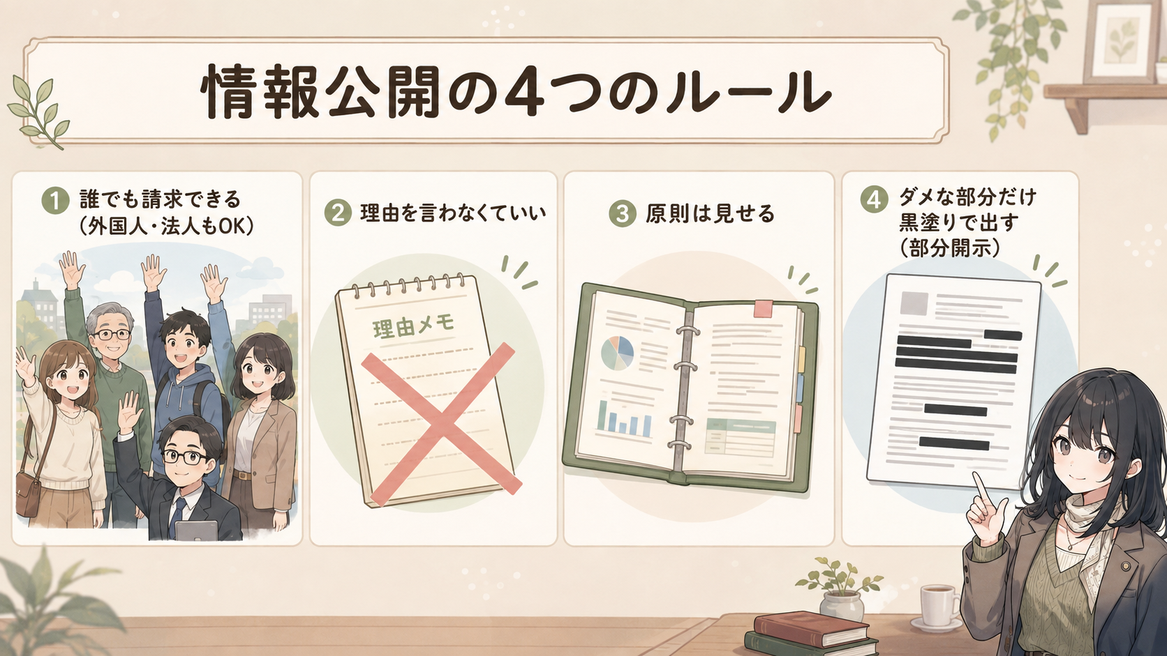 情報公開の4つのルール。①誰でも請求できる（外国人・法人もOK）②理由を言わなくていい ③原則は見せる ④ダメな部分だけ黒塗りで出す（部分開示）