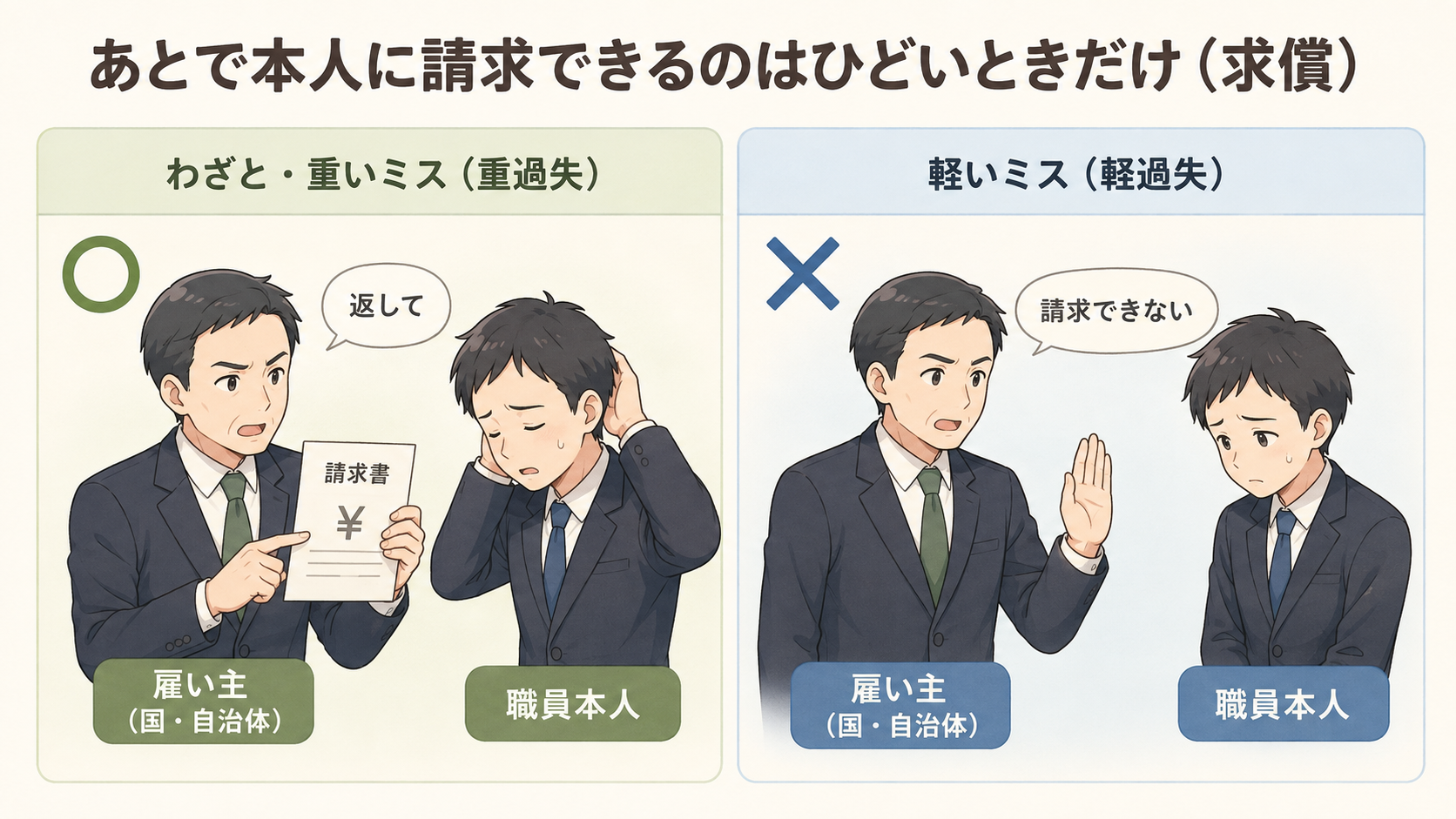 あとで本人に請求できるのはひどいときだけ（求償）。わざと・重いミス（重過失）なら雇い主が職員に返してと請求できる（○）。軽いミス（軽過失）は請求できない（✕）