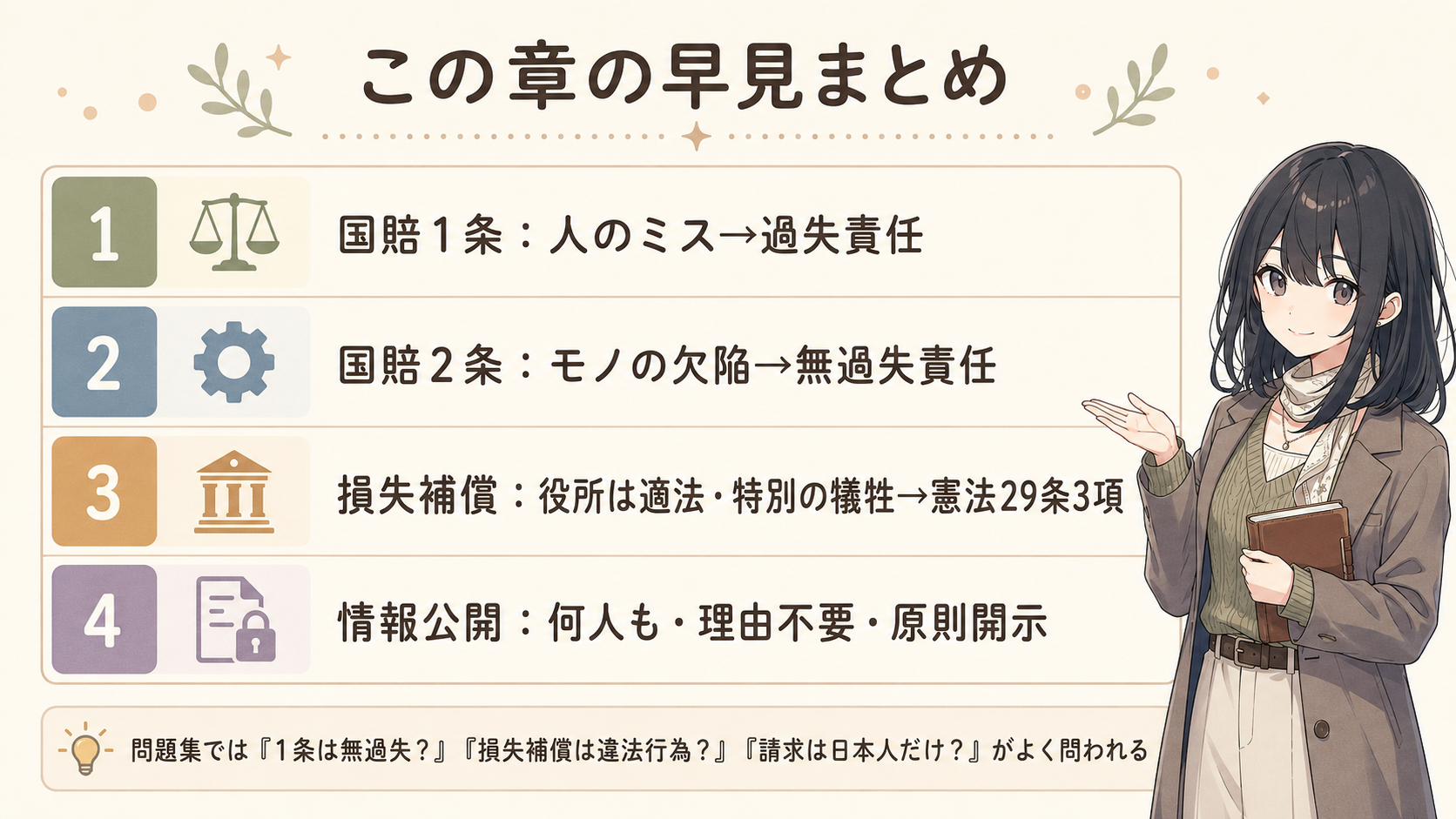 この章の早見まとめ。国賠1条：人のミス→過失責任。国賠2条：モノの欠陥→無過失責任。損失補償：役所は適法・特別の犠牲→憲法29条3項。情報公開：何人も・理由不要・原則開示