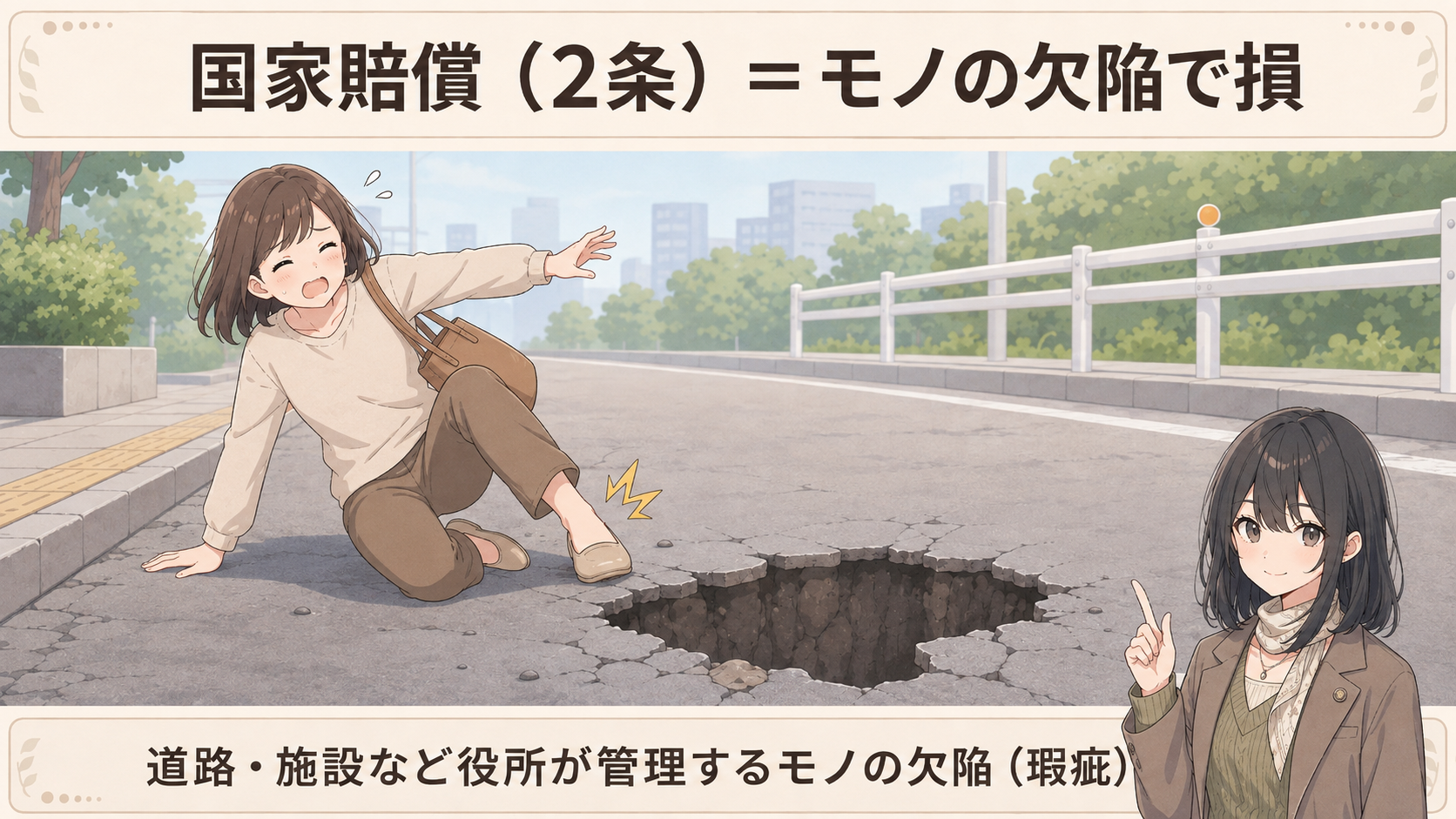 国家賠償（2条）＝モノの欠陥で損。道路にあいた大きな穴につまずいてケガをする。道路・施設など役所が管理するモノの欠陥（瑕疵）