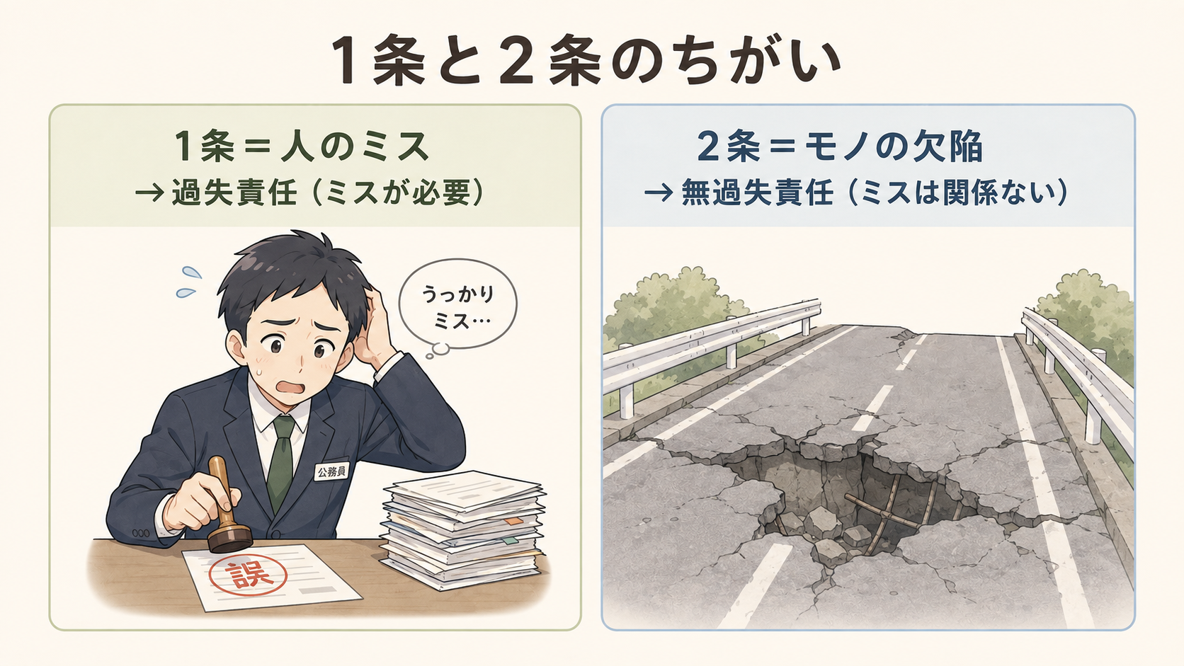 1条と2条のちがい。1条＝人のミス→過失責任（ミスが必要）。2条＝モノの欠陥→無過失責任（ミスは関係ない）